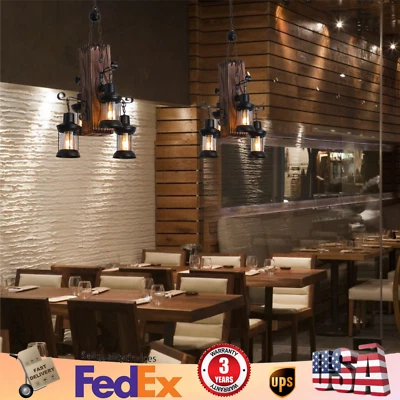 Lámpara colgante de madera rústica 4 luces lámpara colgante industrial de campo Foto 1 de 4