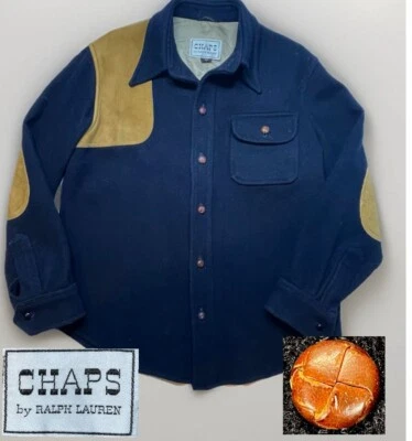 VTG Ralph Lauren Wool Shooting Shirt Jacket Mens 42 Blue Leather Patch Chaps USA - Image 1 of 4