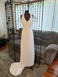 Wedding Gown Informal White Satin Sheath Halter w/ Detachable Train Size 10 - Picture 1 of 12
