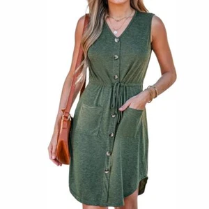 Cupshe NWT Women's M Green V Neck Button Down Drawstrings Shirt Dress  - Picture 1 of 6