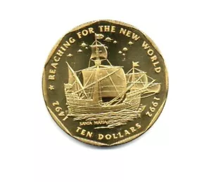 1992 MARSHALL ISLAND $10 DOLLAR SANTA MARIA REACHING FOR THE NEW WORLD COIN - Picture 1 of 6