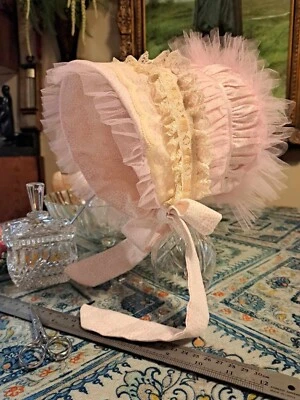 Toddler baby Bonnet. Soft Pink and Creams. Fits 12 months to 4T - Image 1 of 4