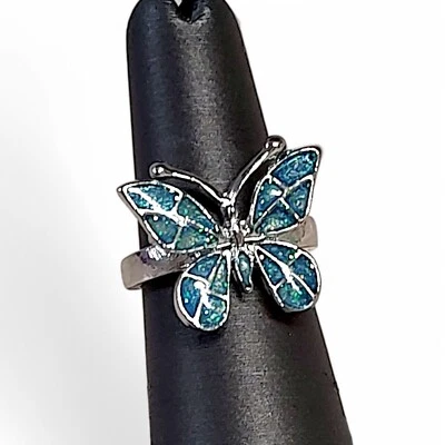 Anillo mariposa resina brillante azul tono plata talla 6,25 Foto 1 de 4