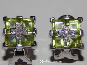 10K WHITE GOLD DIAMOND & PERIDOT 3/8th INCH OMEGABACK HUGGIE EARRINGS - Picture 1 of 7