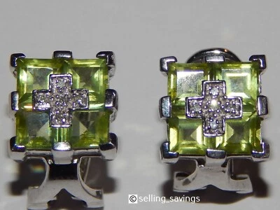 10K WHITE GOLD DIAMOND & PERIDOT 3/8th INCH OMEGABACK HUGGIE EARRINGS - Image 1 of 4