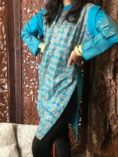 Boho Gypsy Hippy Women Long Tunic Dress Blue Golden Embroidered Blouse Kurti ML