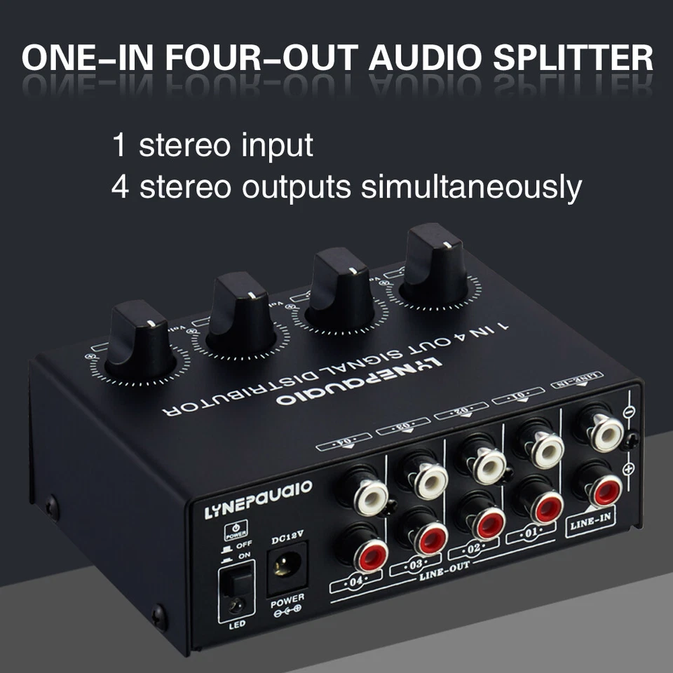 1 In 4 Out Stereo Signal Amplifier Distributor Independent Output Volume New - Image 1 of 1