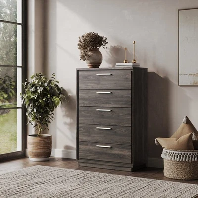 Cómoda de 5 cajones, cómoda de almacenamiento de madera con asas de oro rosa, marrón Foto 1 de 4