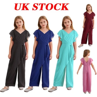 UK Jumpsuits Girls Kids Short Sleeve Wide Leg Pants Rompers Wedding Party Gown
