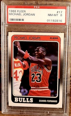 Fleer #17 1988 Michael Jordan PSA 8 casi nuevo-como nuevo Bulls Salón de la fama #01192816 Foto 1 de 2