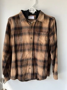 Old Navy Hooded Plaid Flannel Boys 2 in 1 Long Sleeve Shirt Brown Size XL 14/16 - Picture 1 of 8