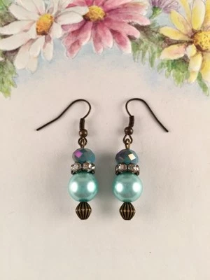 Blue Pearl Crystal Rhinestone Dangle Earrings Womens Handmade Artisan Jewelry - Image 1 of 3