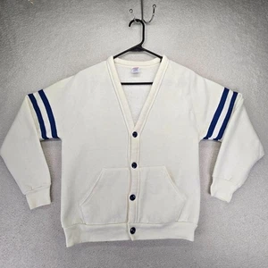 Vintage Jerzees by Russell Strickjacke Pullover M 80er weiß blau gestreift Baumwolle unbedruckt - Bild 1 von 11