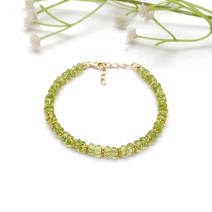 Natural Peridot Crystal Bracelet | 925 Silver Gold Plated Jewelry - Picture 1 of 8