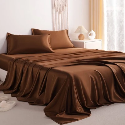 4 Pcs Lustrous Satin Silk Sheet Set Deep Pocket Bed Sheet Wrinkle Fade Resistant - Image 1 of 4