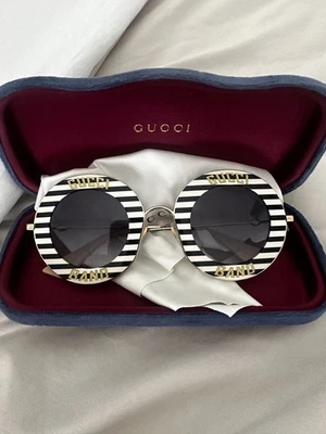 Gucci Band Round Sunglasses GG0113S Women's Black+White Striped Gradient Lens - Image 1 of 4