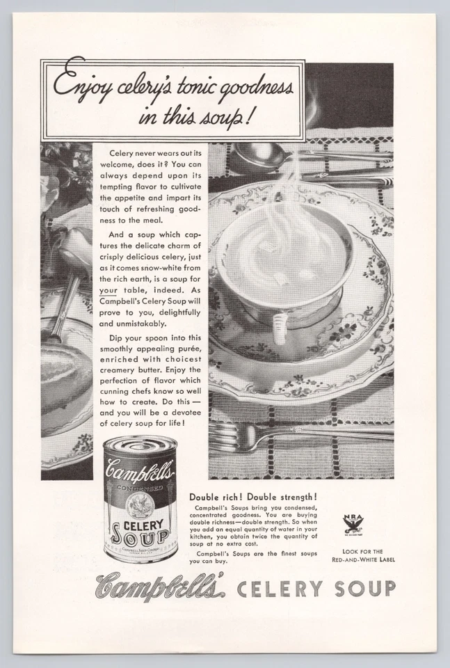Sopas Campbell's 1934 sopa de apio doble rica y fuerza anuncio impreso de colección NG34 Foto 1 de 1