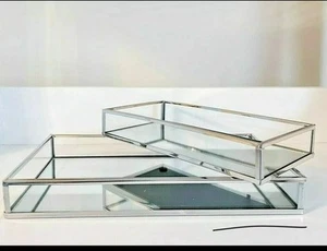 Set of 2 Rectangle Silver Mirror Trays Vanity Perfume Makeup Candle Tray Plate - Picture 1 of 9