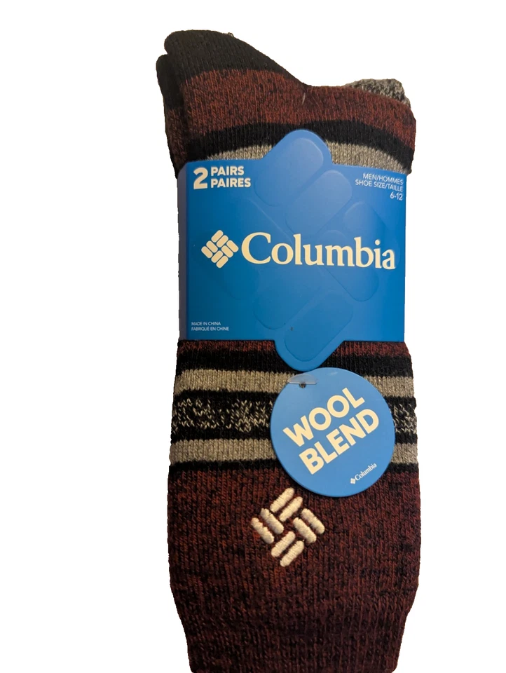 Columbia 2 Pk Red Gray Black Striped Wool Blend Crew Socks Men's Sz 6-12