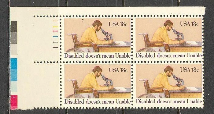 US USA Sc# 1925 MNH FVF PLATE# BLOCK Disabled Man Microscope Wheelchair - Image 1 of 1