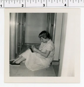 Vintage 1960's photo / POUTING GIRL Blocks Hallway Trying to Knit a Voodoo Doll - Picture 1 of 1