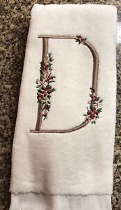 Handmade Embroidered Fingertip Guest Towel Initial “D” Floral Pink Maroon Beige