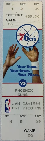 January 28, 1994 basketball ticket ~ PHILADELPHIA 76ERS vs PHOENIX SUNS Cover
