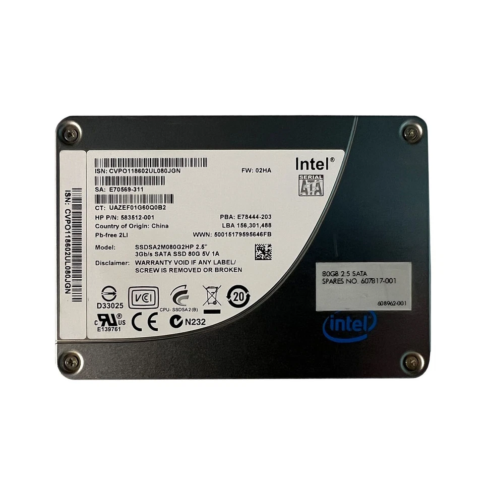 HP RP5700 80GB 2.5in SSD SATA Intel Hard Drive 607817-001 - System Pulled Drives - Image 1 of 1