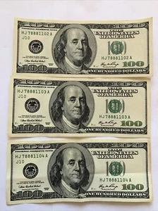 Lot Of 3 2006 $100 Bills, Consecutive Numbers . J10 District - Picture 1 of 2