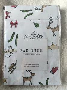 Rae Dunn 'Merry Everything' Santa Reindeer White Twin Sheet Set - Picture 1 of 9