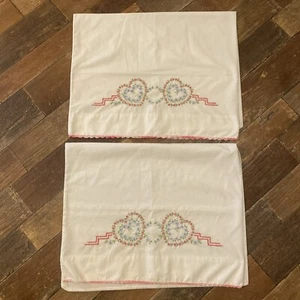 2- Vtg Hand Embroidered Cross Stitch Pillow Case Pink Heart Floral Cottagecore - Picture 1 of 4