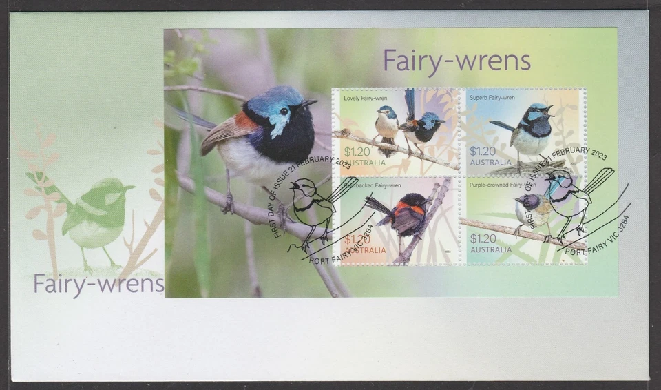 AUSTRALIA 2023 - FAIRY WRENS Birds MINISHEET  block V F USED on FDC in stock NOW - Image 1 of 1