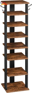 8 Tiers Vertical Shoe Rack, Wooden Shoe Storage Organizer with Hooks, Narrow Sho - Picture 1 of 12