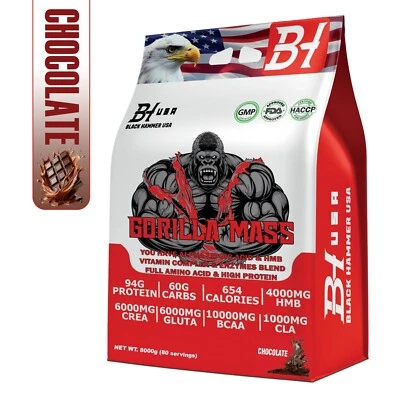 GORILLA MASS GAINER 8KG – Chocolate –Protein, Carbs, CLA & HMB –Black Hammer USA - Bild 1 von 4