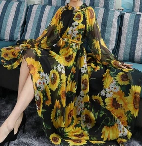 Maya Antonia Chiffon Maxi Dress, Sunflower-Yellow-Floral Elbow/Long Sleeves/Boho - Picture 1 of 9
