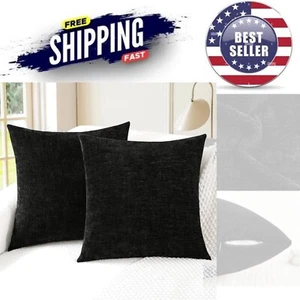 Luxury Chenille Throw Pillow Covers - 16'' x 16'' Solid Black, Zippered Set of 2 - Picture 1 of 8