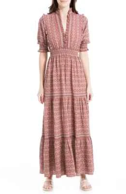 Max Studio 148 $ Bauern gesmokte Taille Sonnenuntergang Sonnenblumen Stufen Maxikleid Größe M - Bild 1 von 3