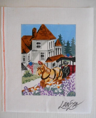 Victorian House Horse & Buggy Patriot Hand-painted Needlepoint Canvas LANZA - Image 1 of 3