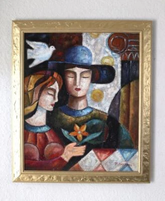 Pintura enmarcada cubista moderna de mediados de siglo firmada EXPRESIONISMO abstracta Foto 1 de 4