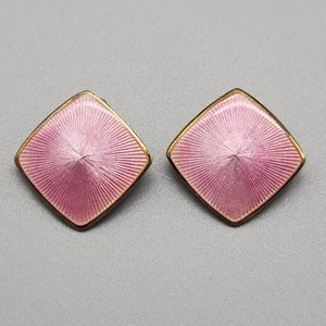 Vtg Opro Pink Guilloche Earrings Sterling Silver Norway Clip-On Gold Gilt 925 - Picture 1 of 8