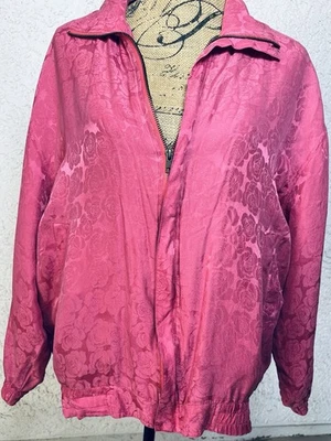 Chaqueta De Colección FUDA International Floral Rosa Seda Talla L Bombardero Cuello Cremallera Foto 1 de 4