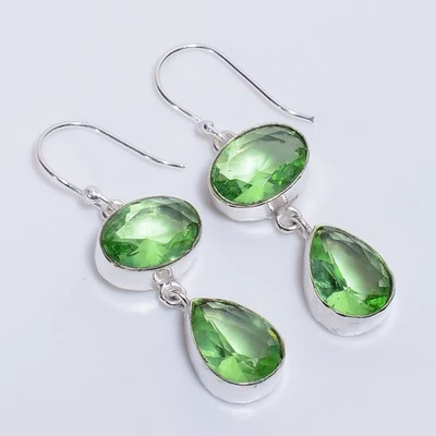 Peridot Gemstone Ethnic Style Handmade 925 Sterling Silver Earrings 2" B216 - Image 1 of 4