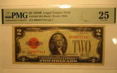 Billete de dos dólares 1928B sello rojo Estados Unidos USN curso legal llave Fr 1503 Foto 1 de 2