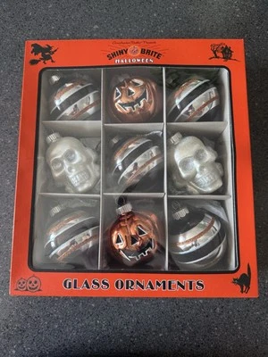 Radko SHINY BRITE HALLOWEEN Glass Ornaments 9 Set Stripes , Skulls, & JOL's - Image 1 of 4