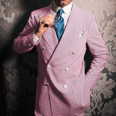 Esmoquin Seersucker Para Hombre Trajes Pico Solapa Formal Negocios Fiesta Boda Verano Foto 1 de 4