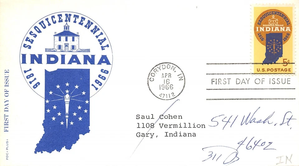 1308 5c Indiana Sesquicentennial, FDC + Plus + cachet in blue [110625.300] - Image 1 of 1