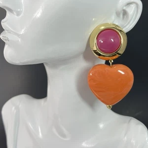 Orecchini Cuore Grosso Traforato Oro Rosa Arancione Lucite Pendente Dichiarazione Retrò - Foto 1 di 8