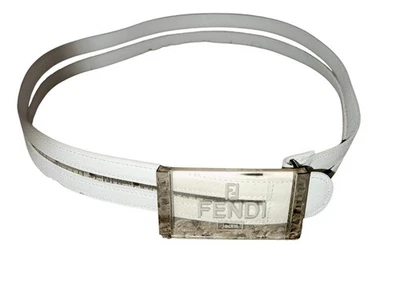 Fendi Jeans Designer Belt White With Vinyl Fendi Print & Resin Buckle Silver  - Image 1 of 4