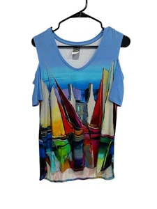 Simply Art By Dolcezza Cold Shoulder Top Blue Multi Sz Medium Sailboat Print - Picture 1 of 10