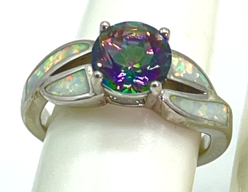 Ring. Mystic Topaz with Opal Inlays O(ver Silver Tone bBand. Size 8 - Image 1 of 4